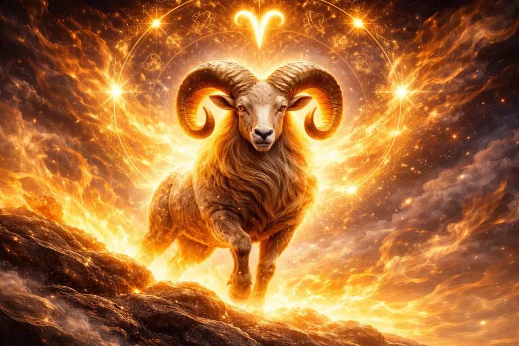 Signo de Áries com carneiro iluminado em cenário cósmico com fogo e símbolo astrológico brilhante