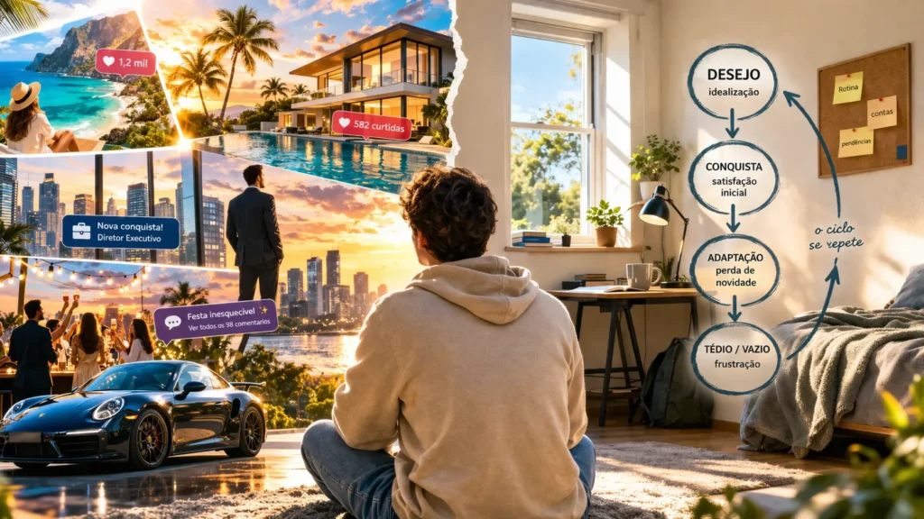 O Perigo do Ciclo do Desejo e a Ilusão da Felicidade Contínua 3 ciclo do desejo idealização vs realidade frustração humana