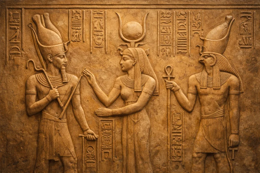 Tríade egípcia Osíris Ísis e Hórus representando família divina