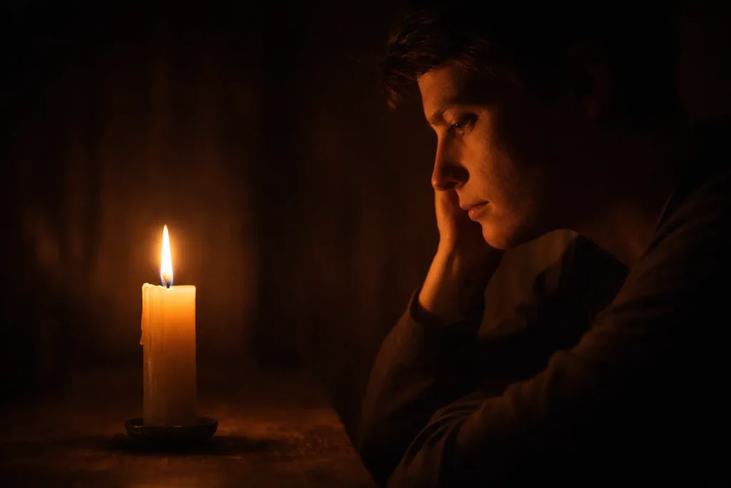 pessoa observando chama de vela em momento de introspecção