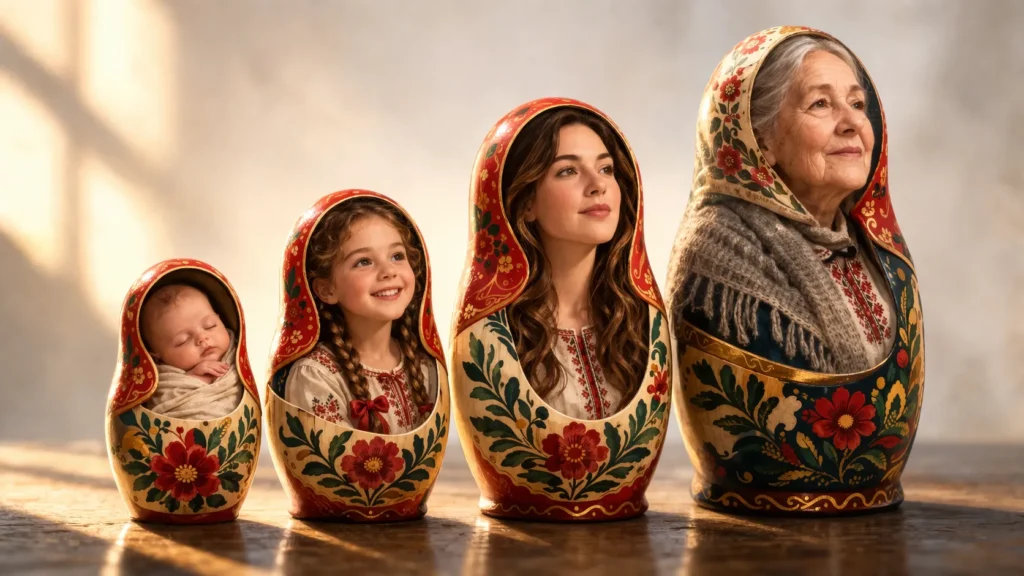 Matrioska simbolizando ciclo da vida e gerações