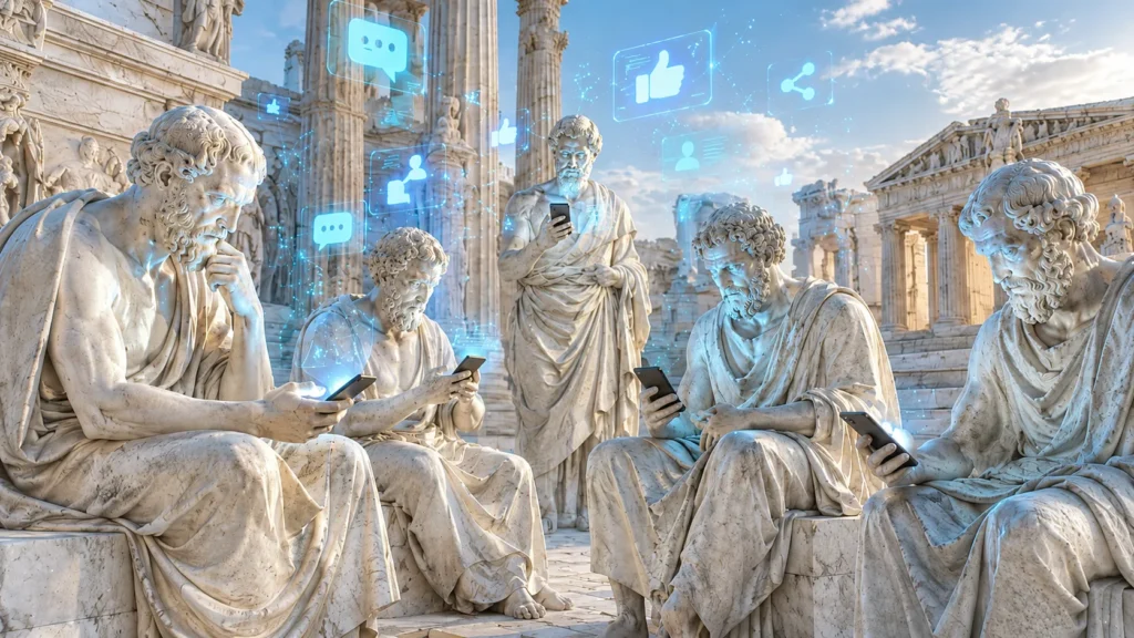 Filósofos diriam sobre redes sociais em uma cena simbólica entre estátuas antigas e celulares modernos
