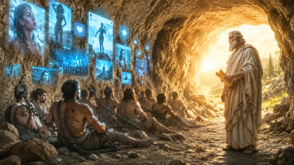 Platão observando sombras digitais em uma caverna como metáfora das redes sociais