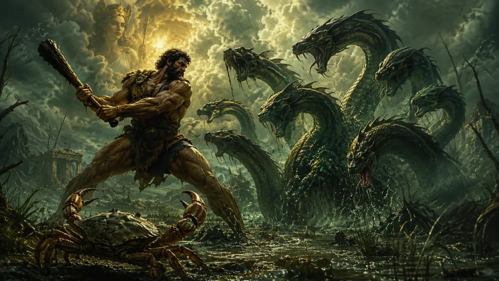 Mito do signo de Câncer com caranguejo, Hércules e Hidra de Lerna