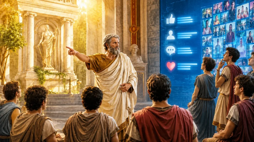 Aristóteles analisando curtidas e seguidores como falsa felicidade nas redes sociais