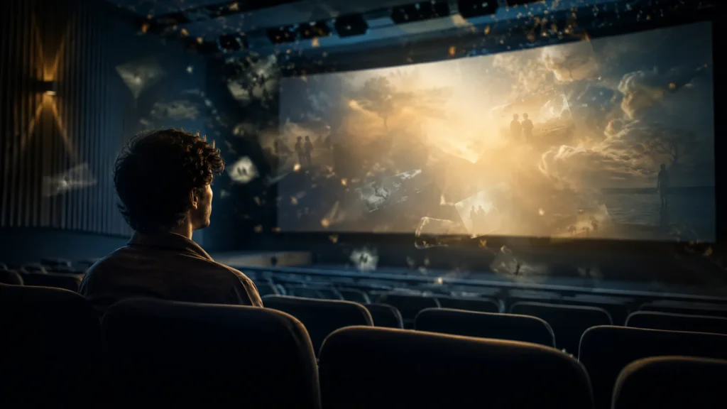 Cinema e autoconhecimento: pessoa refletindo sobre emoções enquanto assiste a um filme
