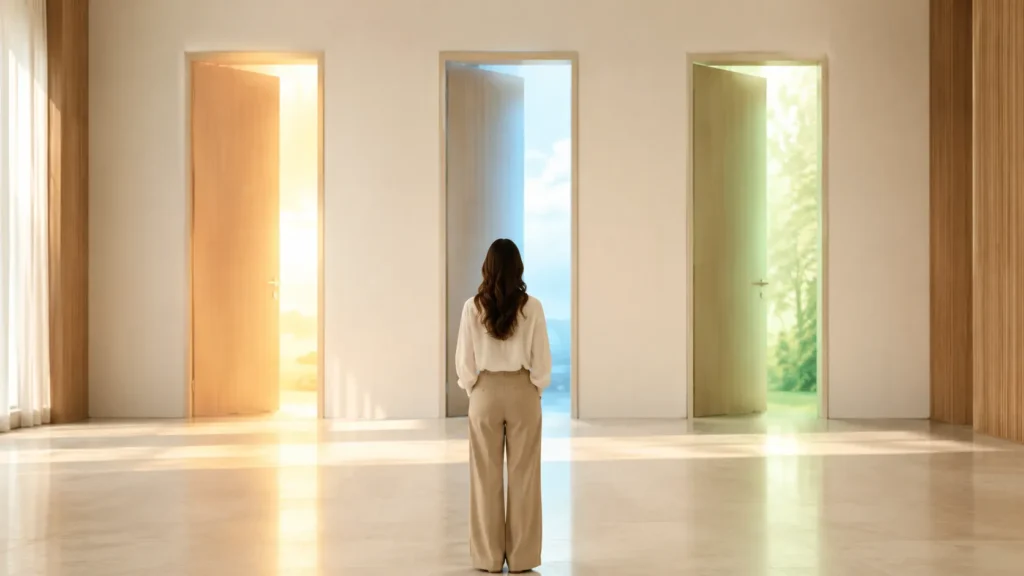Pessoa vista de costas diante de três portas entreabertas, cada uma iluminada por uma luz dourada, azul ou verde.