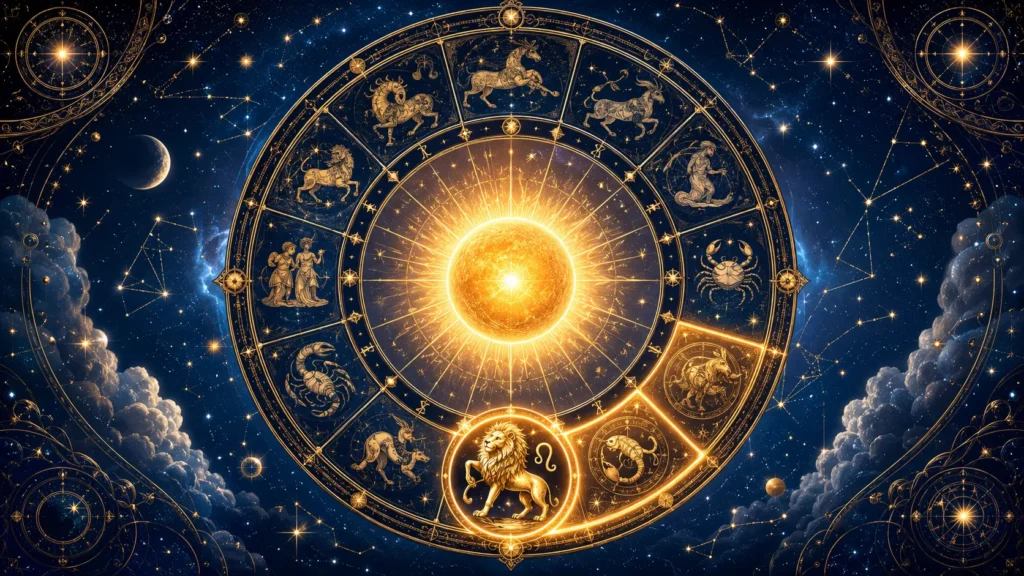 Calendário astrológico destacando o período do signo de Leão entre julho e agosto
