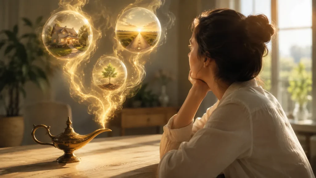 Pessoa observa três esferas luminosas saindo de uma lâmpada mágica sobre uma mesa clara, em ambiente iluminado.