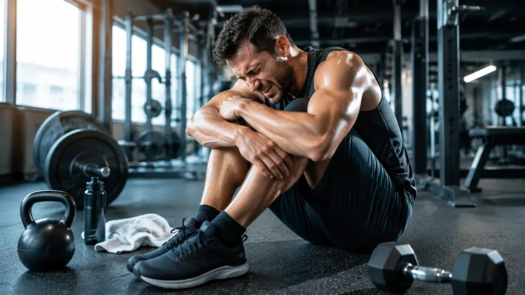 Atleta exausto após treino intenso, mostrando fadiga física