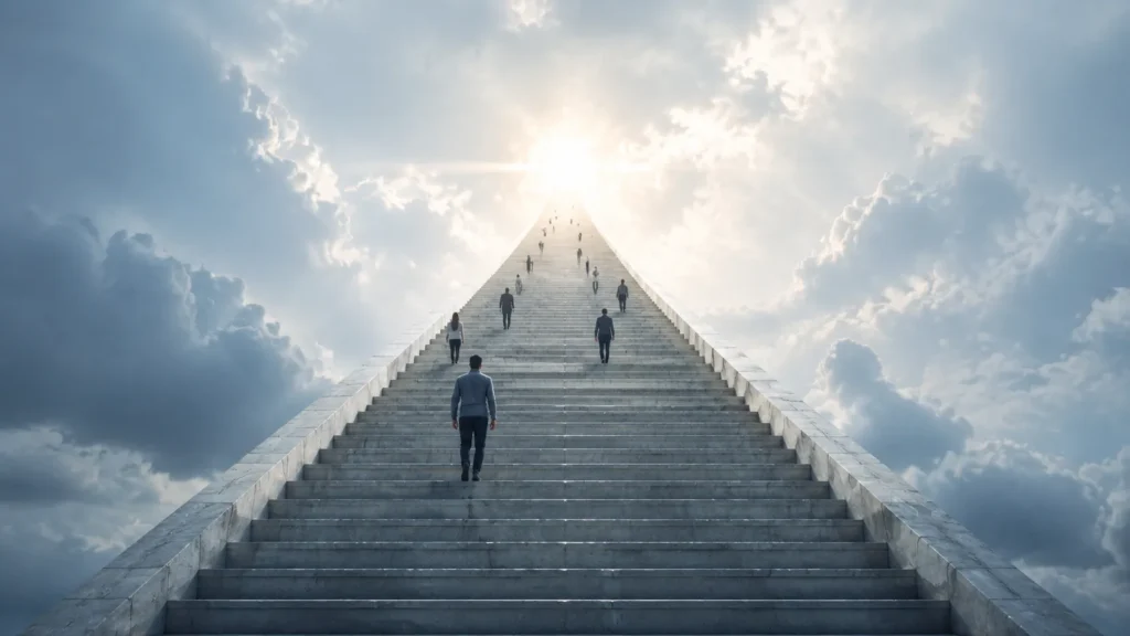 E se você acordasse com tudo que você queria? 3 Escada infinita simbolizando a busca constante por felicidade