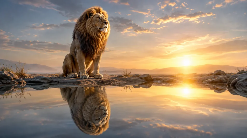 Leão observando o próprio reflexo simboliza autoestima, orgulho e amadurecimento pessoal
