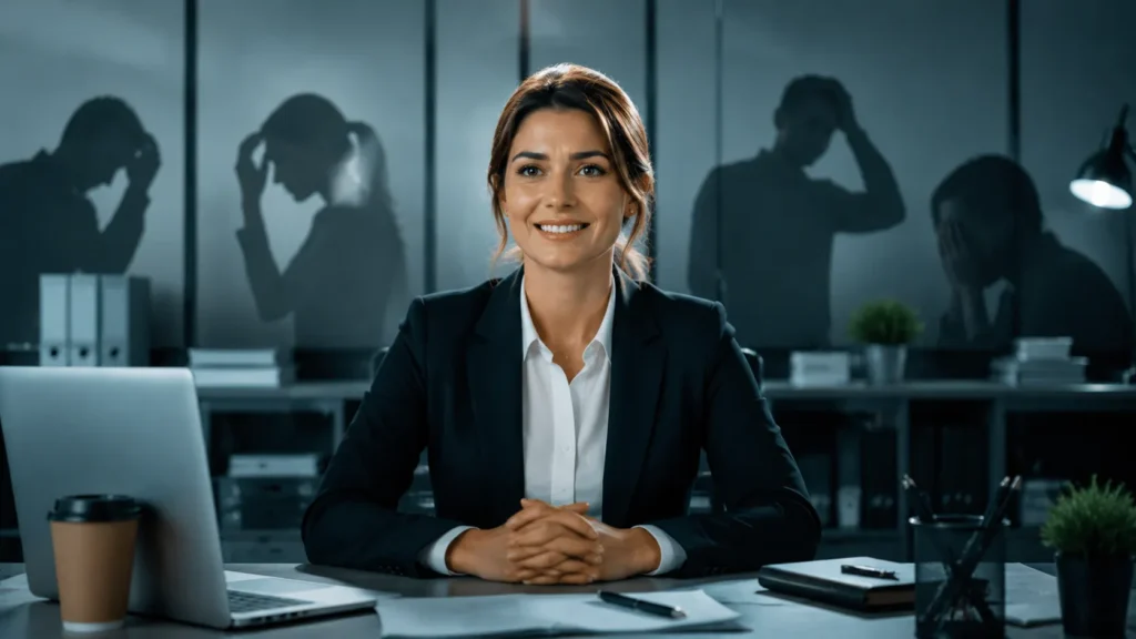 Pessoa com expressão neutra escondendo emoções em ambiente corporativo