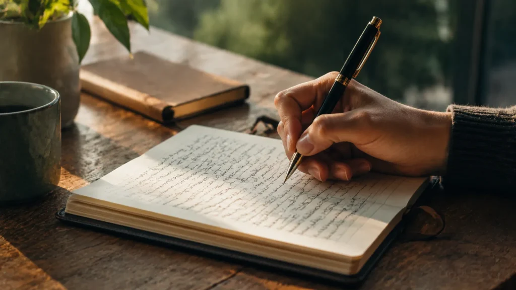 Pessoa escrevendo metas e reflexões em um caderno, ação consciente