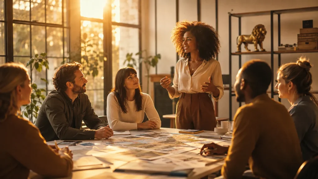 Liderança leonina representada por pessoa inspirando uma equipe em projeto coletivo