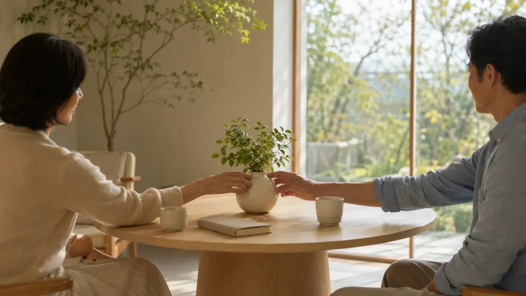 Duas pessoas sentadas frente a frente tocam delicadamente um vaso com uma pequena planta sobre uma mesa de madeira clara.