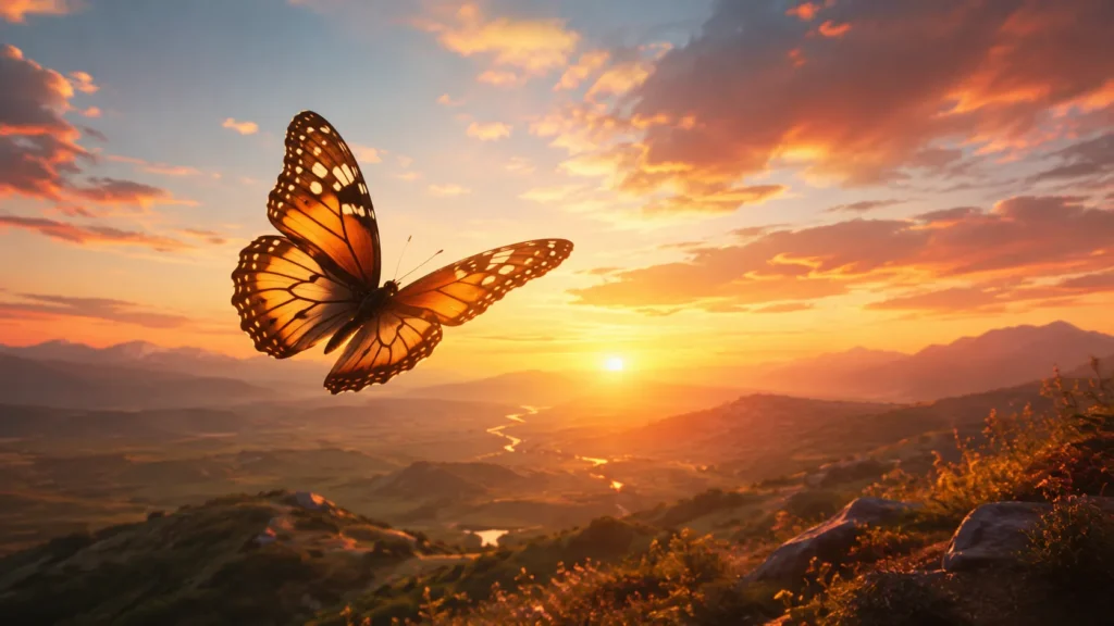 Borboleta voando ao pôr do sol como símbolo de evolução interior
