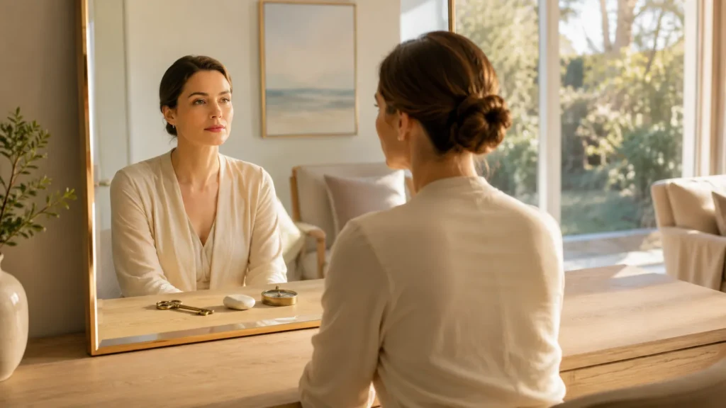 Pessoa observa o próprio reflexo em um espelho diante de uma mesa com uma chave, uma pedra clara e uma bússola.