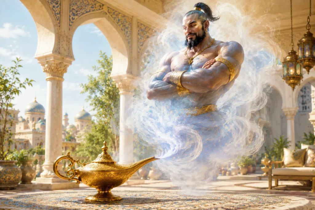 Djinn surge em fumaça clara e dourada sobre uma lâmpada de ouro em um pátio árabe iluminado pelo sol.
