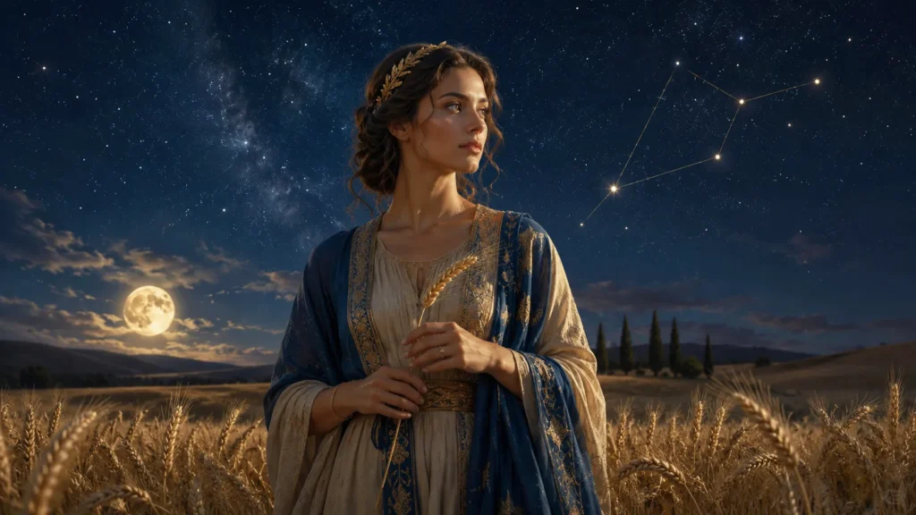 Signo de Virgem representado no céu estrelado com a constelação e uma espiga de trigo