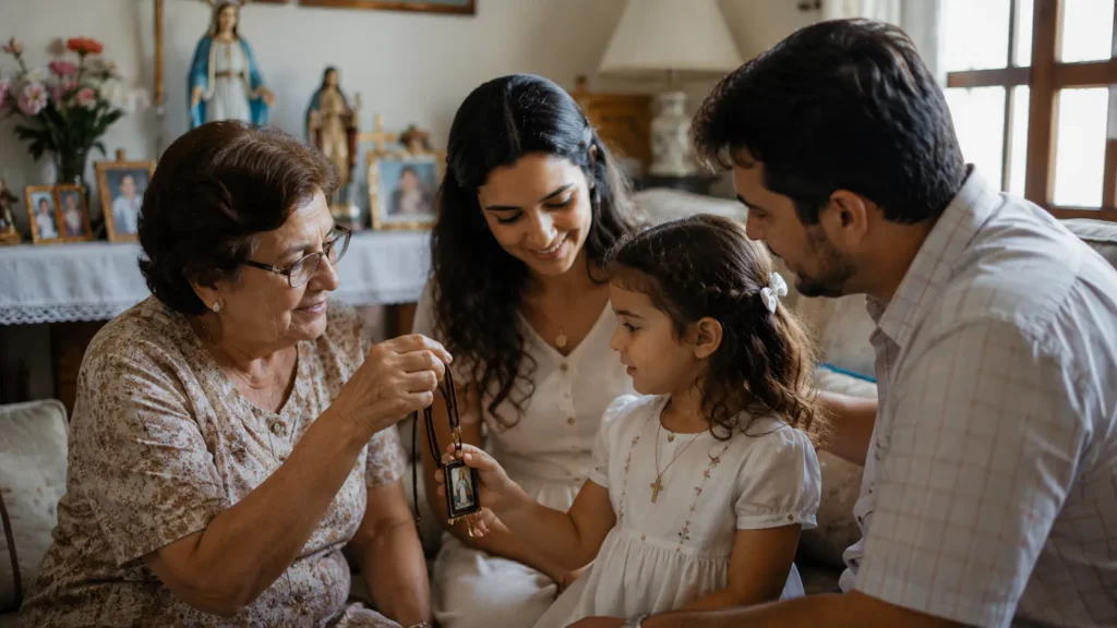 Família católica transmitindo a tradição do escapulário entre gerações