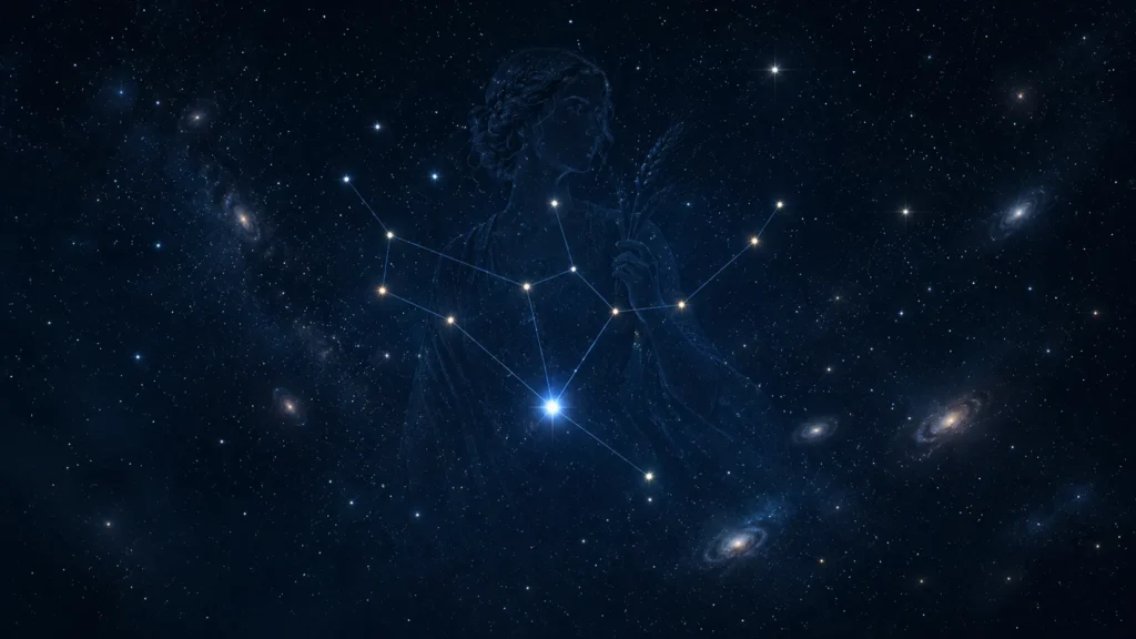 Mapa da constelação de Virgem com destaque para a estrela Spica