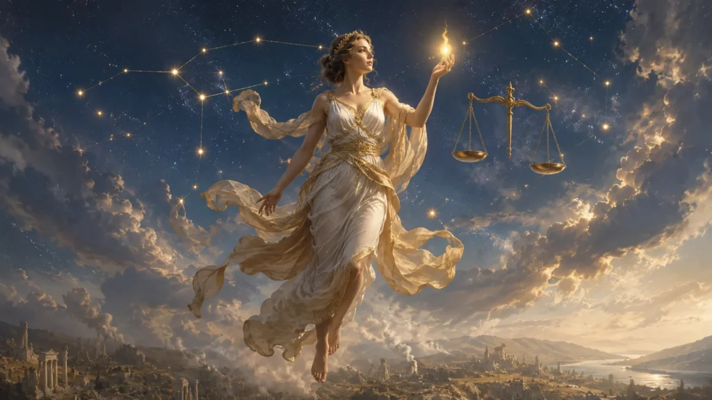 Deusa Astreia ascendendo ao céu no mito da constelação de Virgem