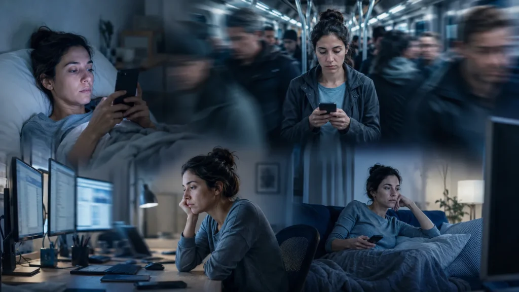 Pessoa presa à rotina automática e ao uso constante do celular