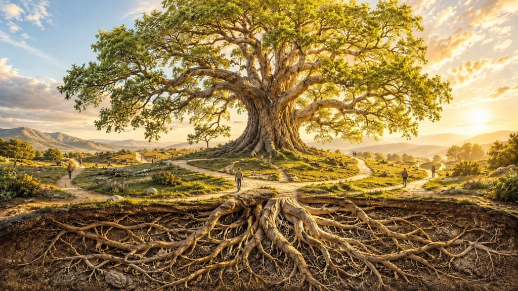 Raízes, tronco e galhos da Árvore da Vida representando ancestralidade, unidade e escolhas