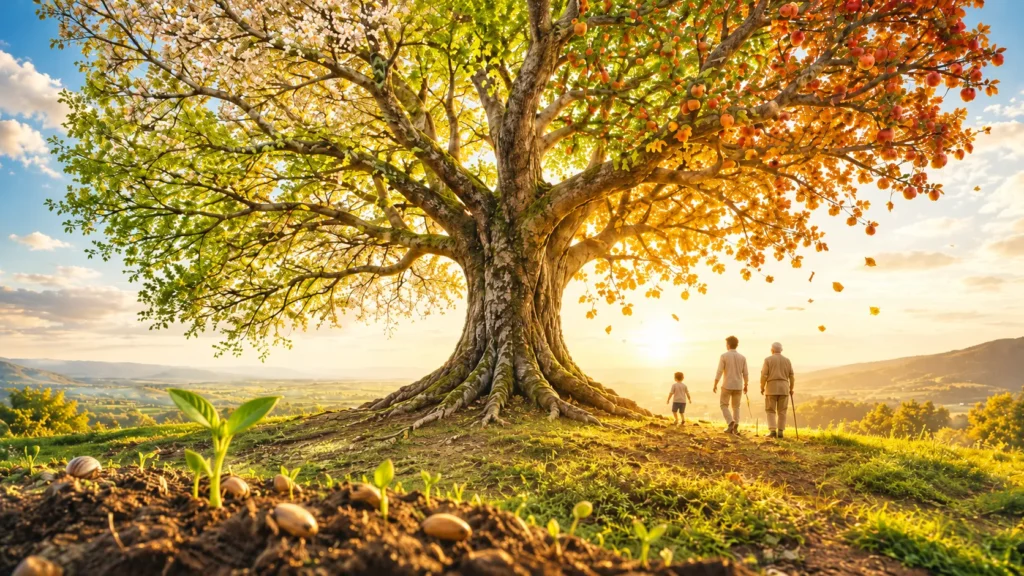 Folhas e frutos da Árvore da Vida simbolizando gerações, legado e renovação