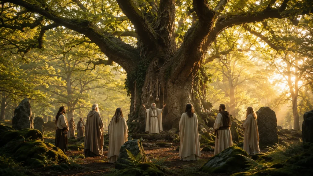 Druidas reunidos em cerimônia ao redor de um carvalho ancestral, iluminado por raios dourados em um bosque celta sagrado.