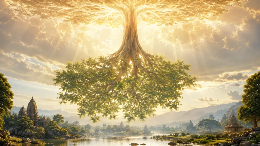 Árvore cósmica invertida, com raízes luminosas no céu e galhos voltados para uma paisagem indiana com rios, montanhas e templos antigos.
