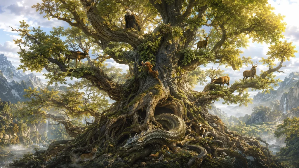 Criaturas mitológicas habitando os galhos e as raízes de Yggdrasil