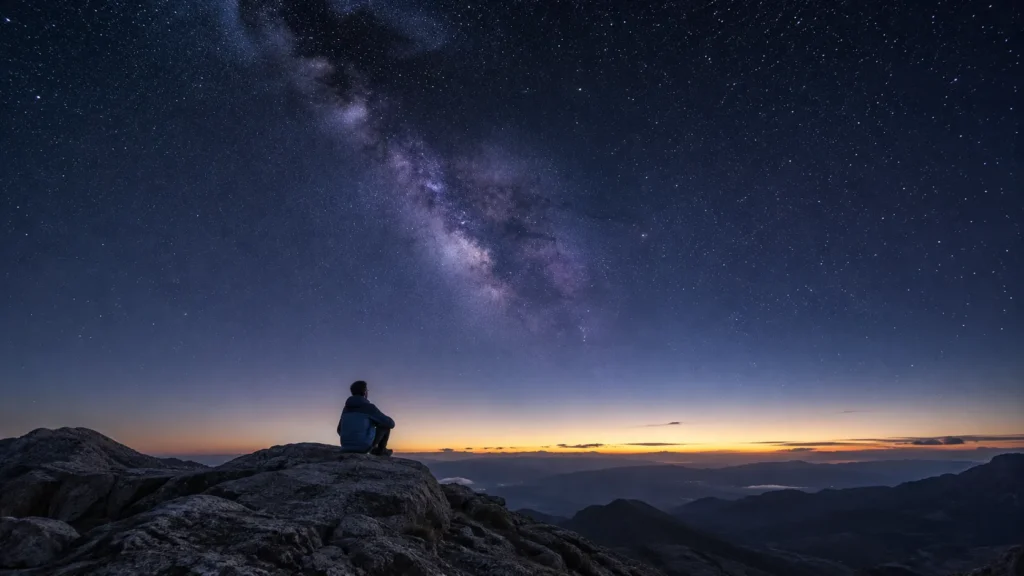 E se você pudesse fazer uma pergunta a Deus e receber uma resposta clara? 2 Homem observa o universo enquanto reflete sobre o sentido da vida
