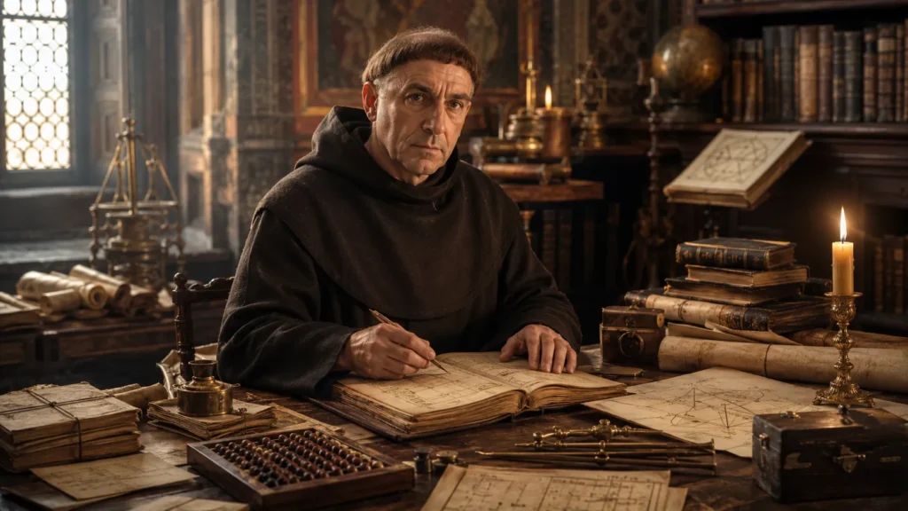 Luca Pacioli representado estudando matemática e escrituração contábil
