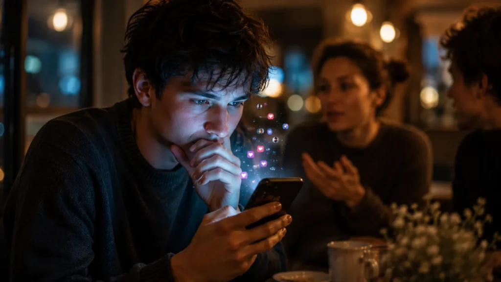Pessoa buscando validação por likes e notificações nas redes sociais