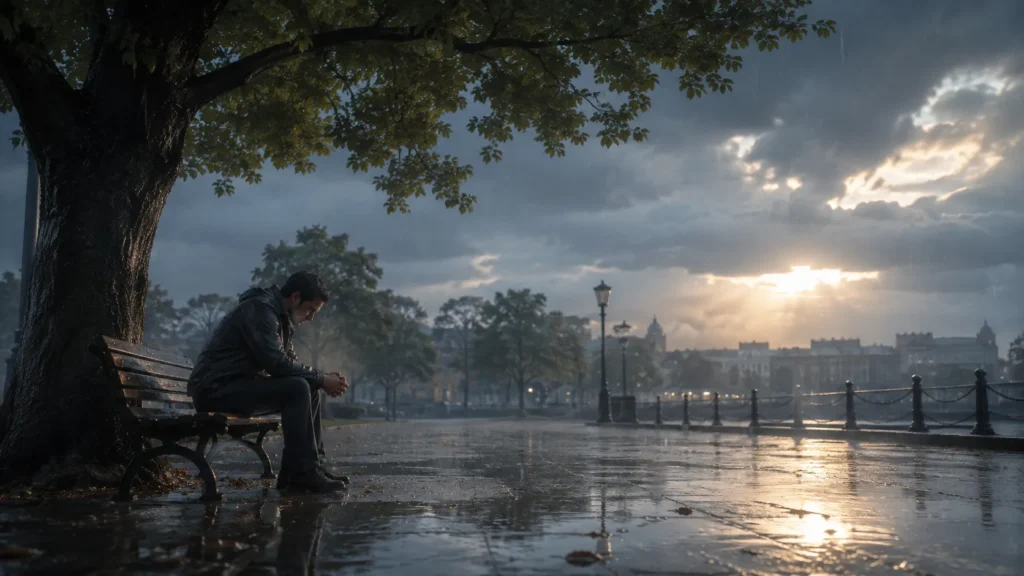E se você pudesse fazer uma pergunta a Deus e receber uma resposta clara? 3 Pessoa diante da chuva representa a pergunta a Deus sobre o sofrimento humano