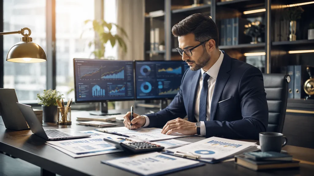Contador analisando gráficos financeiros e interpretando dados econômicos