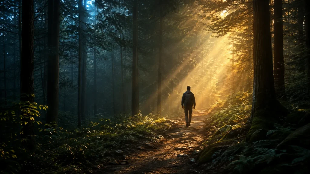 E se você pudesse fazer uma pergunta a Deus e receber uma resposta clara? 5 Pessoa entre luz e sombra simboliza fé, dúvida e busca por respostas