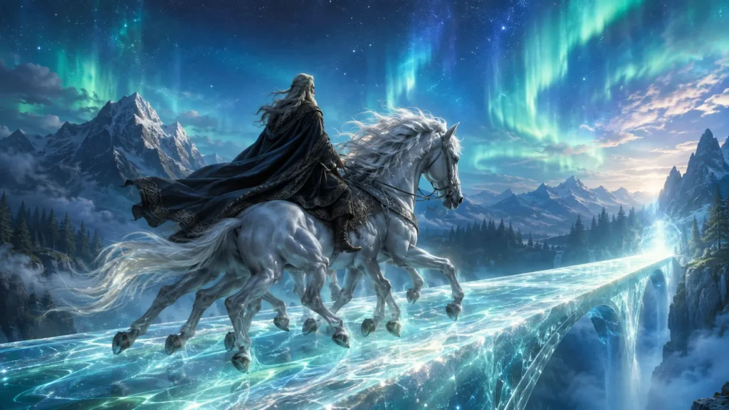 Sleipnir, o cavalo de oito patas de Odin, atravessando mundos