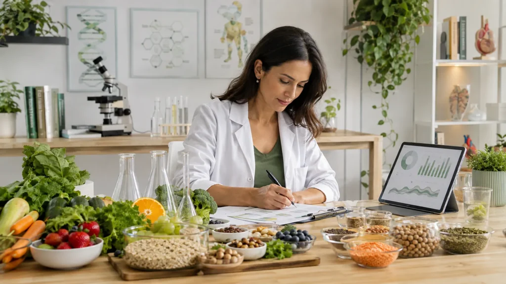 Nutricionista trabalhando com ciência, alimentos e saúde