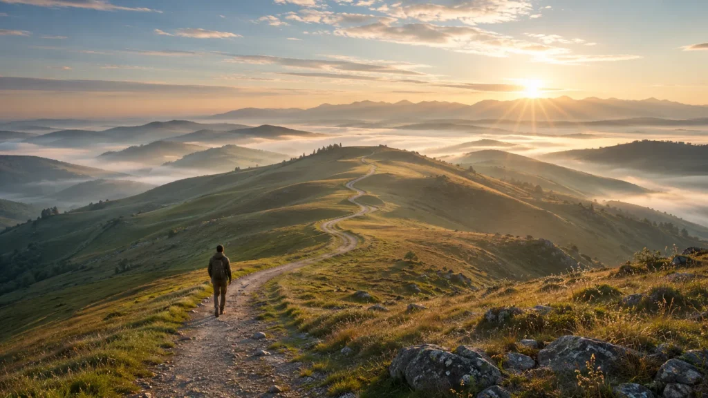 E se você pudesse fazer uma pergunta a Deus e receber uma resposta clara? 6 Pessoa caminhando ao amanhecer representa a busca humana por respostas