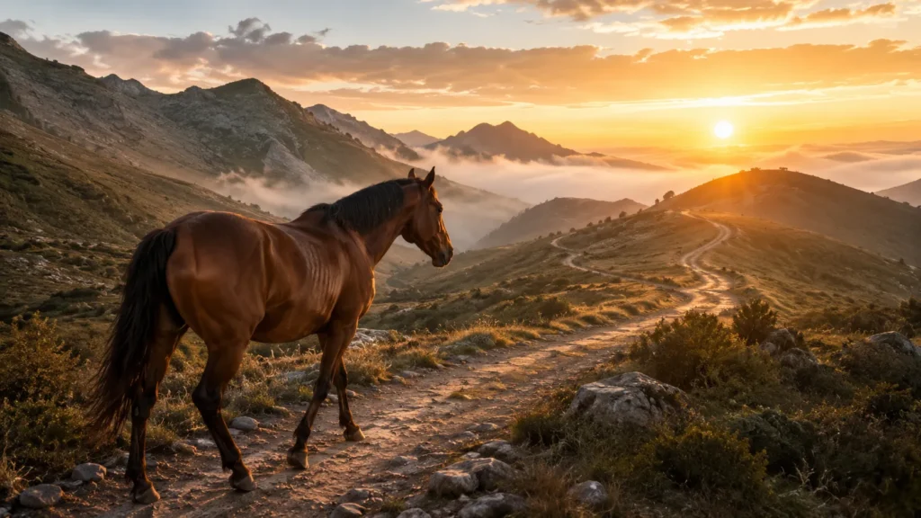 Cavalo em uma trilha representando equilíbrio e perseverança