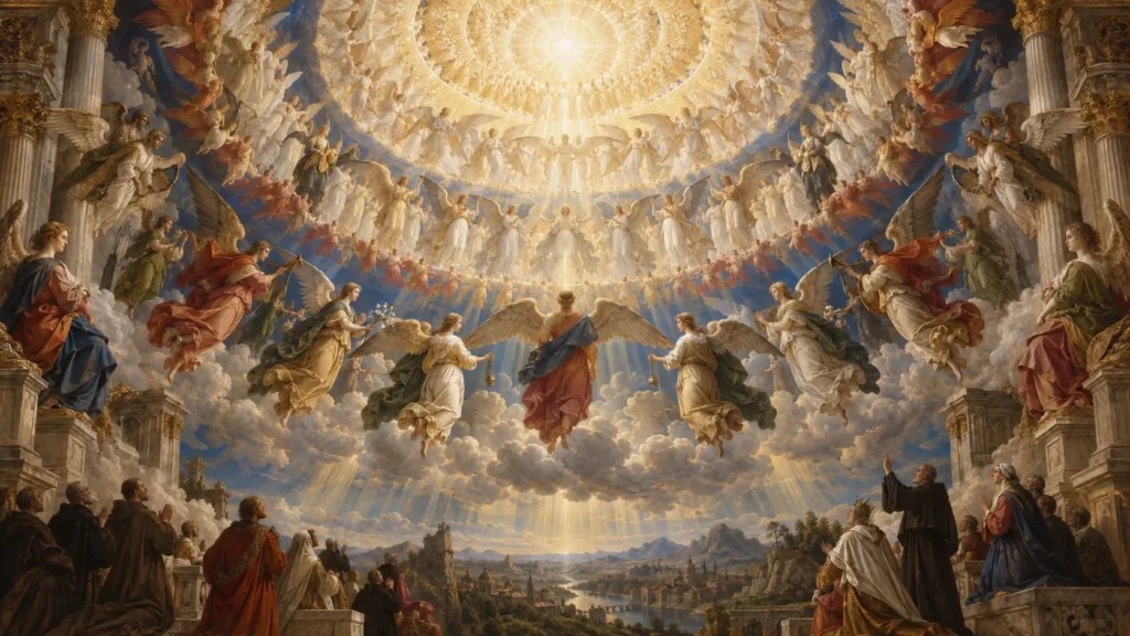 Coleção “Anjos”: Hierarquia Celeste e os 9 Coros Angelicais 1 Hierarquia celeste representada pelos nove coros angelicais diante da luz divina