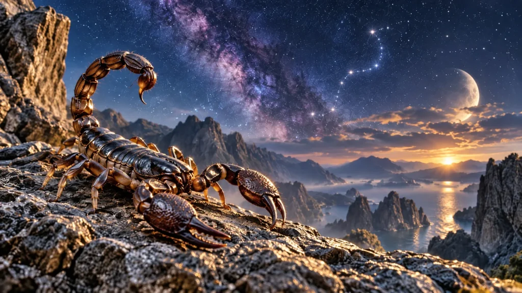 Coleção “Signos do Zodíaco”: Escorpião 1 Signo de Escorpião simbolizado por um escorpião em atmosfera de mistério e transformação