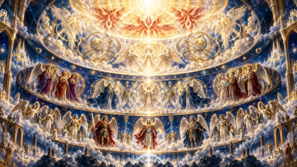 Hierarquia celeste com nove ordens de anjos no cristianismo