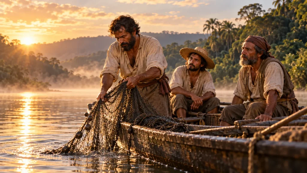 Nossa Senhora Aparecida: a História de Fé que Atravessa Gerações 2 Pescadores no rio Paraíba do Sul durante a história de Nossa Senhora Aparecida em 1717
