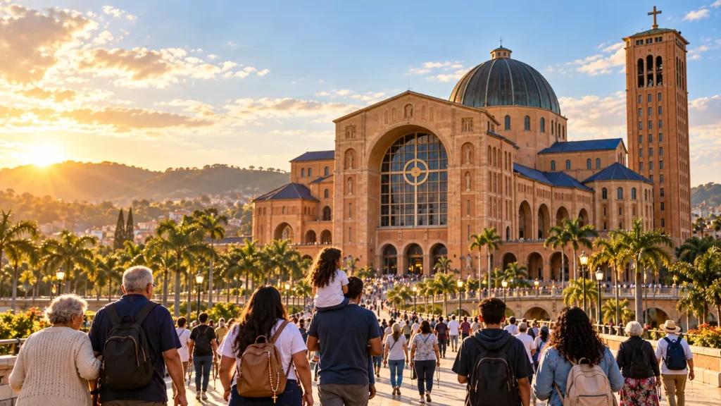 Nossa Senhora Aparecida: a História de Fé que Atravessa Gerações 5 Santuário Nacional de Nossa Senhora Aparecida recebendo peregrinos no Brasil