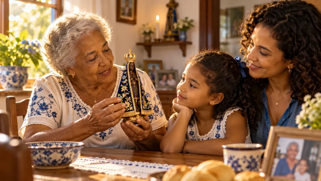 Nossa Senhora Aparecida: a História de Fé que Atravessa Gerações 6 Devoção a Nossa Senhora Aparecida transmitida entre diferentes gerações de uma família brasileira