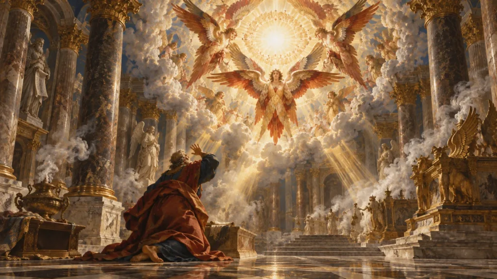 Coleção “Anjos”: Hierarquia Celeste e os 9 Coros Angelicais 7 Visão de Isaías com serafins de seis asas diante do trono celestial